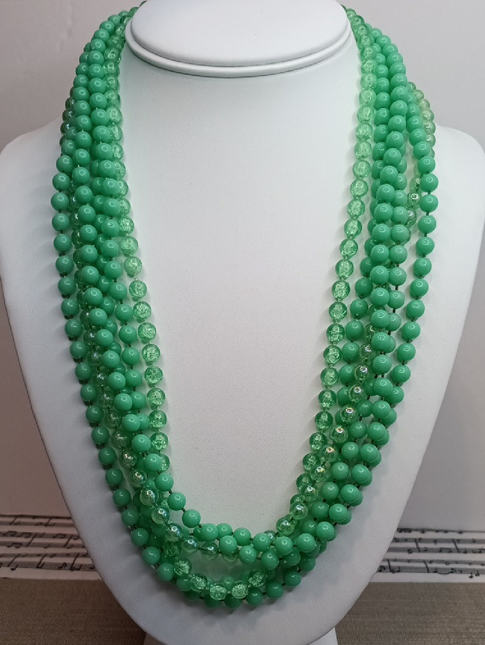 Green Multi-Strand Molded Plastic Bead Necklace 24" Long Vintage